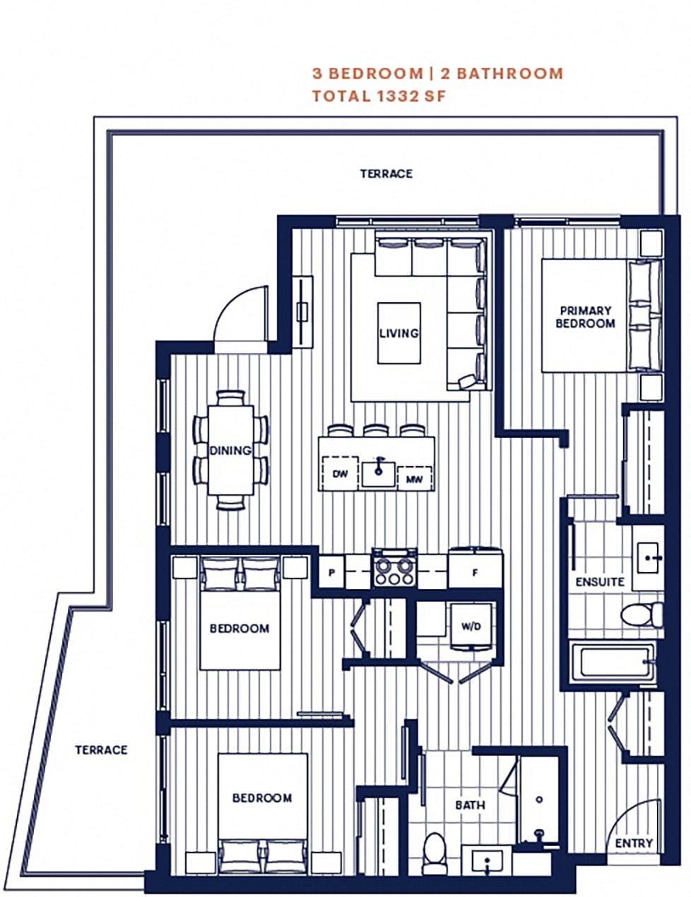 Floor plan for 3 beds, 2 baths, 968 sqft